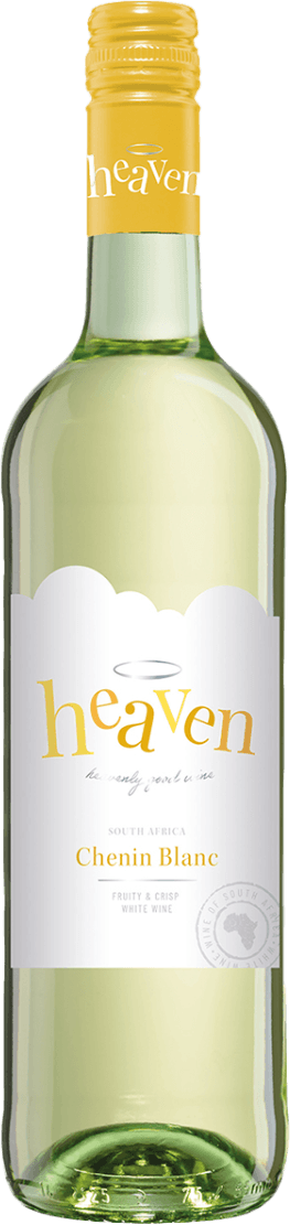 Heaven - Chenin Blanc Het label van de wijnfles heeft een witte achtergrond met het woord 'heaven' prominent in gele letters. Boven het woord is een halo afgebeeld, wat verwijst naar de hemel. Onder 'heaven' staat in kleinere letters "the only one to see" geschreven. Onderaan het label staat "South Africa Chenin Blanc" en daaronder "Fruity & Crisp White Wine." Er is ook een zegel aan de rechterkant met de tekst "Wine of South Africa."