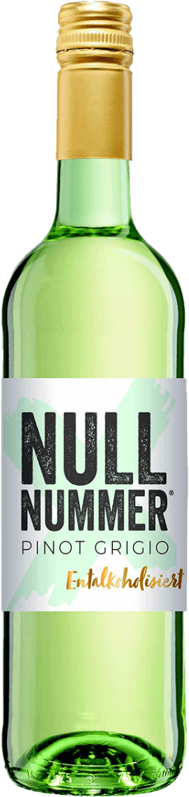 Null Nummer, 0% Alc. Het label toont de tekst 'NULL NUMMER' in grote zwarte letters, met daaronder 'PINOT GRIGIO' in kleinere groene letters en 'Entalkoholisiert' in een sierlijk bruin lettertype. De achtergrond is wit met een abstracte groene penseelstreek.