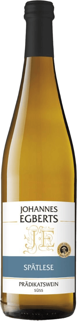 Spätlese Süss Het label is overwegend wit met een brede blauwe band in het midden. Bovenaan staat in zwarte hoofdletters de naam 'JOHANNES EGBERTS'. In het midden staat een sierlijk gouden monogram 'JE'. Rechts daarvan is een klein gouden zegel/medaille zichtbaar. Onderaan de blauwe band staat in witte letters 'SPÄTLESE' en daaronder in zwarte letters 'PRÄDIKATSWEIN süss'. Het ontwerp is strak en traditioneel, met een lichte goudkleurige decoratie.